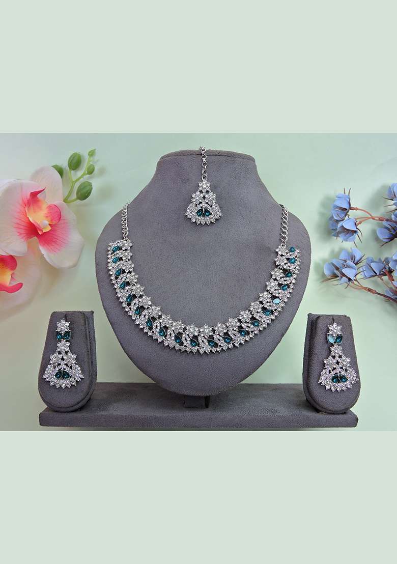 Green Alloy American Diamonds and Stone Necklace Set - Indya