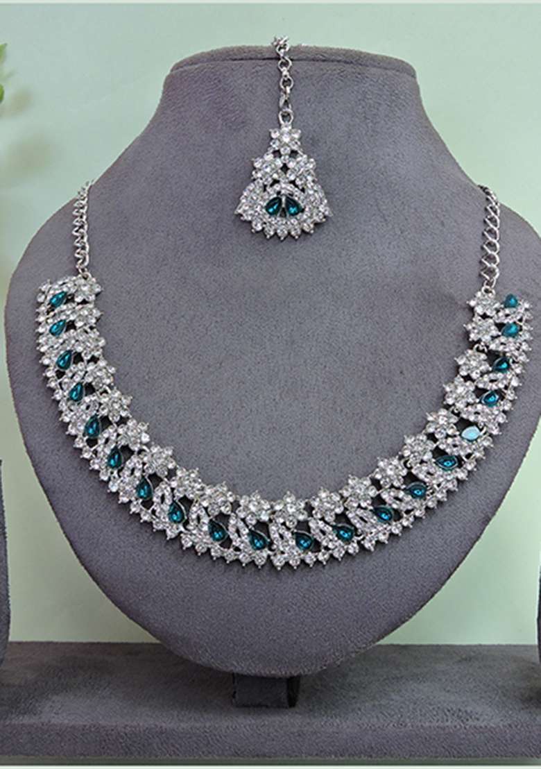 Green Alloy American Diamonds and Stone Necklace Set - Indya