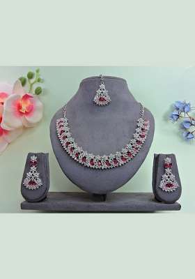 Pink Alloy American Diamonds and Stone Necklace Set