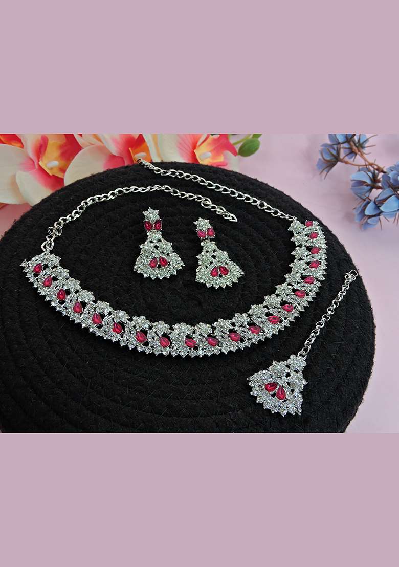Pink Alloy American Diamonds and Stone Necklace Set - Indya
