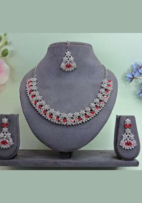 Red Alloy American Diamonds and Stone Necklace Set