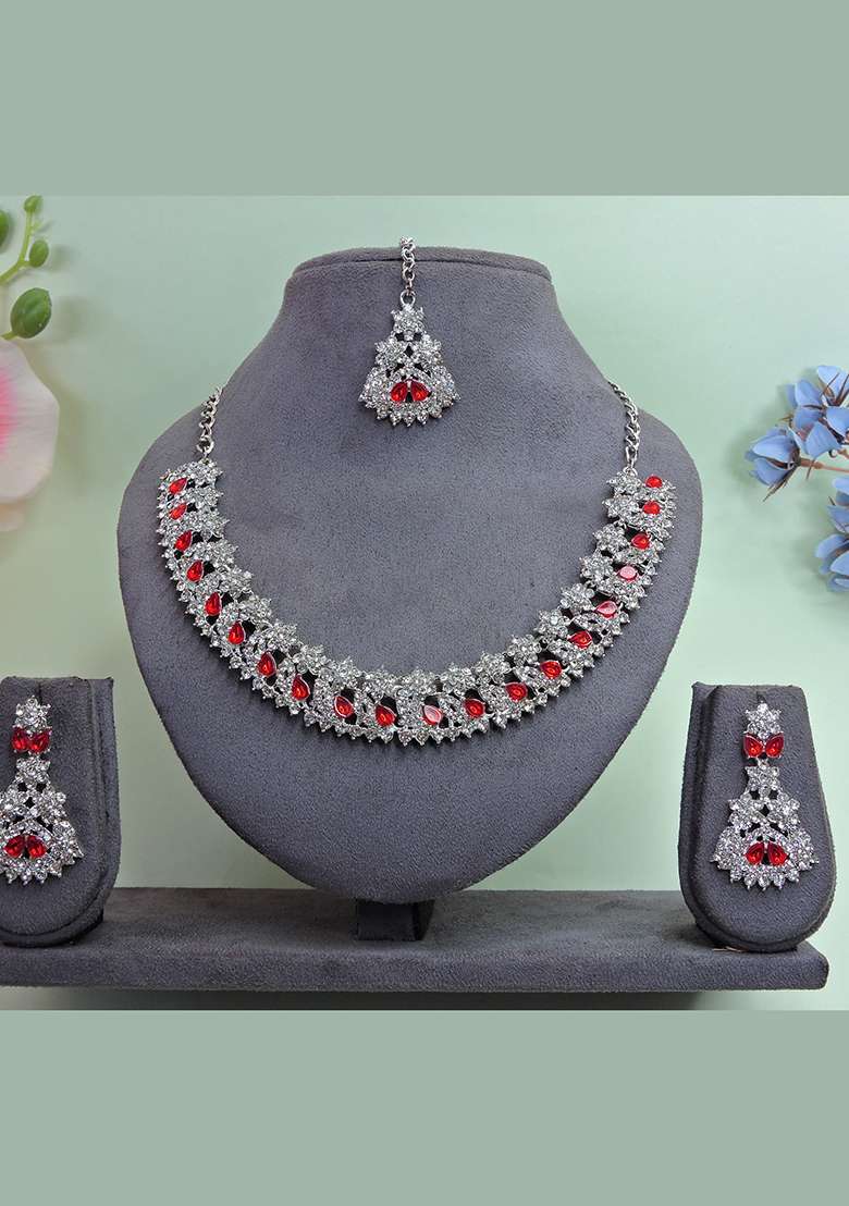 Red Alloy American Diamonds and Stone Necklace Set - Indya