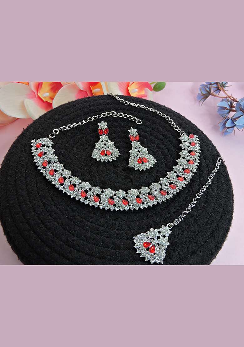 Red Alloy American Diamonds and Stone Necklace Set - Indya