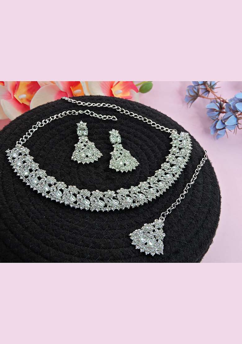 White Alloy American Diamonds and Stone Necklace Set - Indya