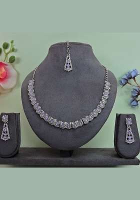 Purple Alloy American Diamonds and Stone Necklace Set