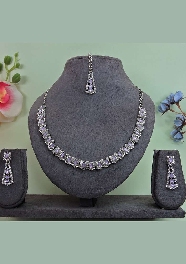 Purple Alloy American Diamonds and Stone Necklace Set - Indya