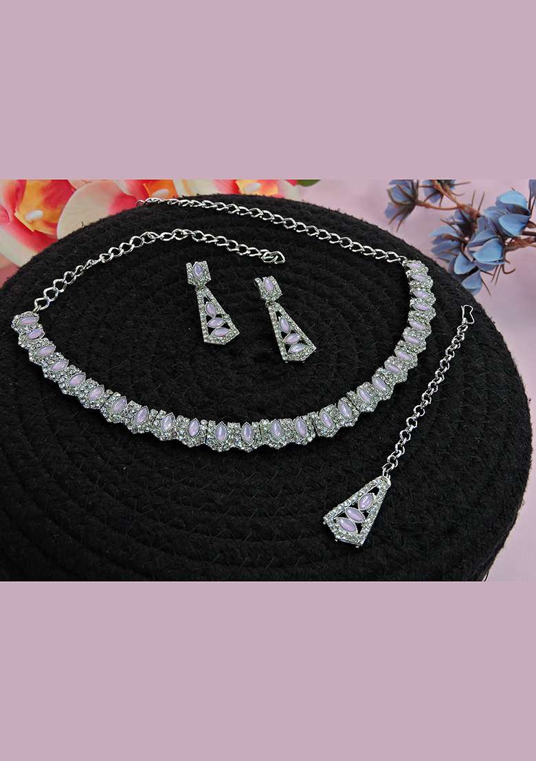 Purple Alloy American Diamonds and Stone Necklace Set - Indya