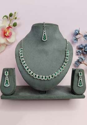 Green Alloy American Diamonds and Stone Necklace Set