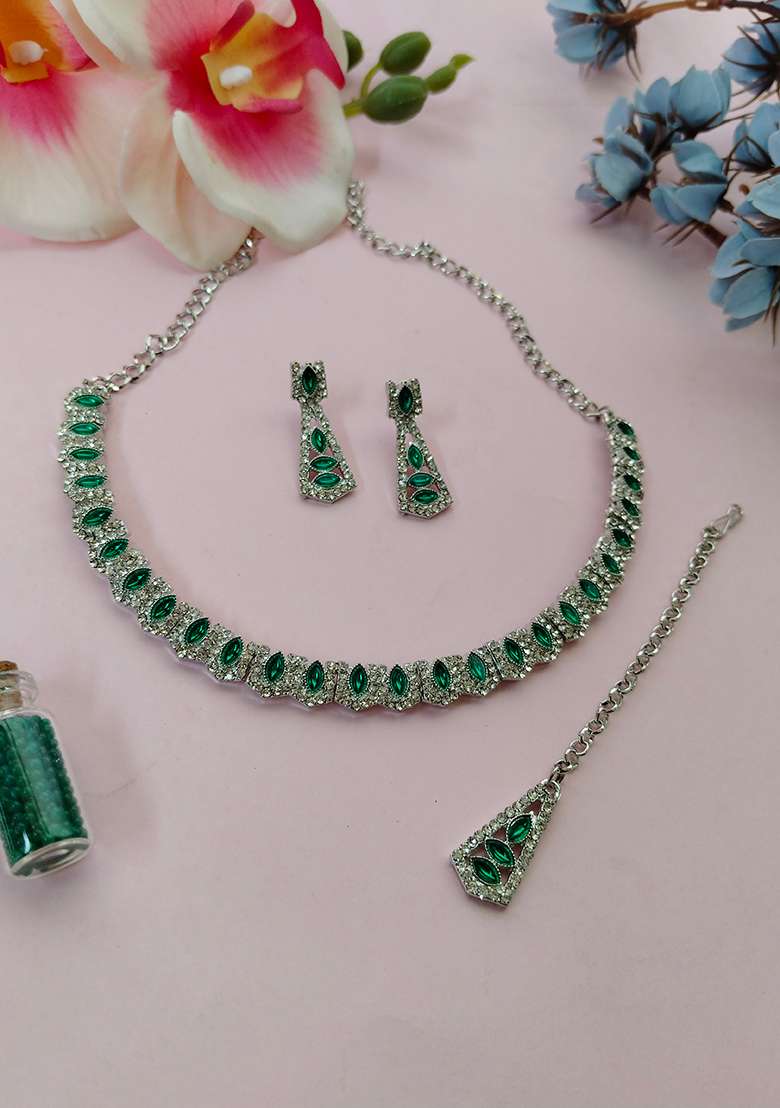 Green Alloy American Diamonds and Stone Necklace Set - Indya