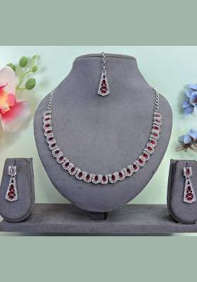 Maroon Alloy American Diamonds and Stone Necklace Set