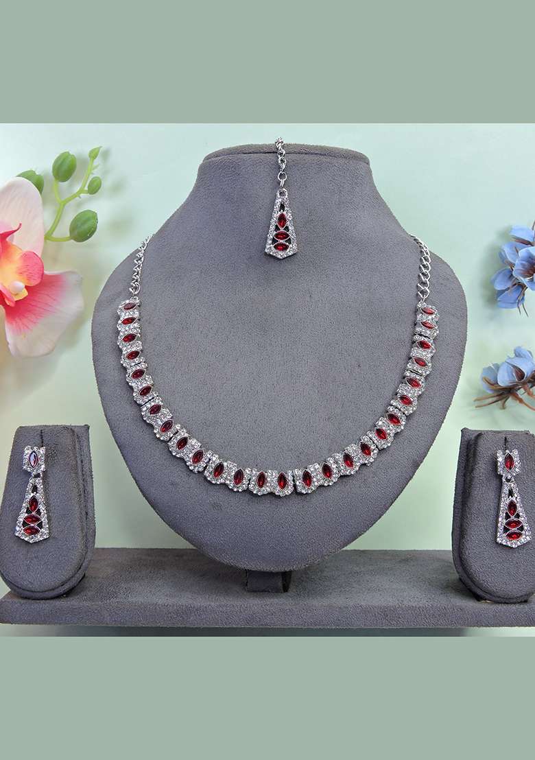 Maroon Alloy American Diamonds and Stone Necklace Set - Indya