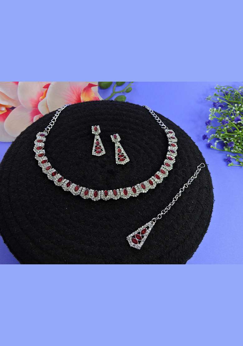 Maroon Alloy American Diamonds and Stone Necklace Set - Indya