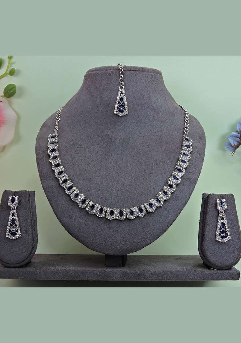 Blue Alloy American Diamonds and Stone Necklace Set - Indya