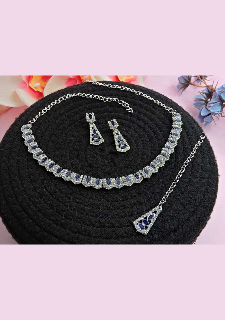 Blue Alloy American Diamonds and Stone Necklace Set - Indya
