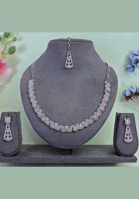 Pink Alloy American Diamonds and Stone Necklace Set
