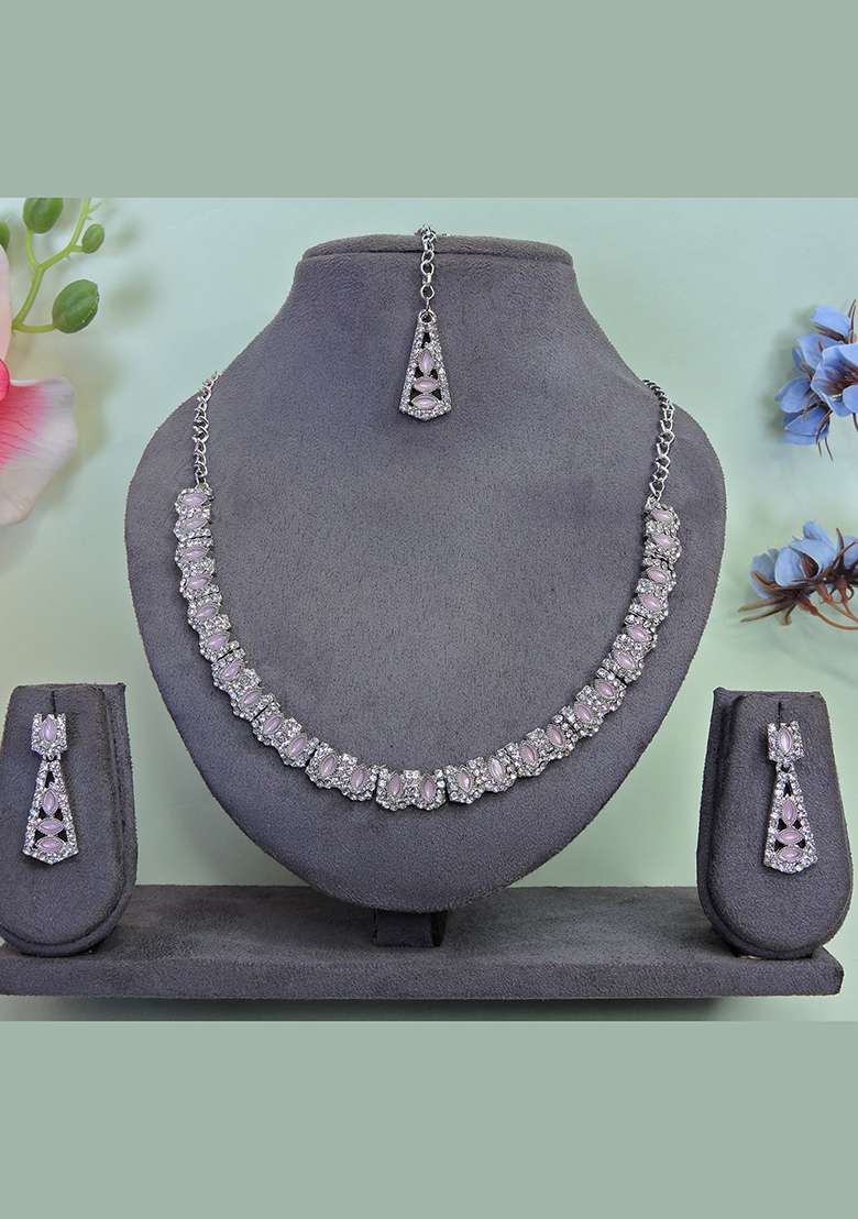 Pink Alloy American Diamonds and Stone Necklace Set - Indya