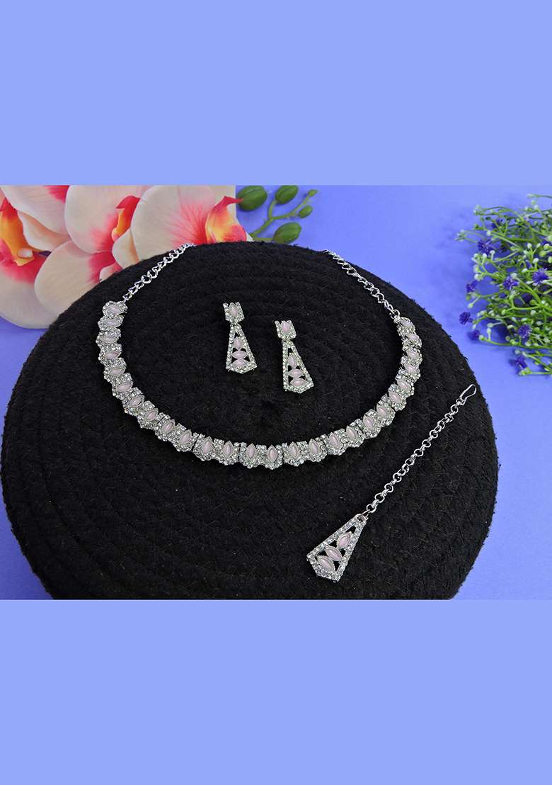 Pink Alloy American Diamonds and Stone Necklace Set - Indya