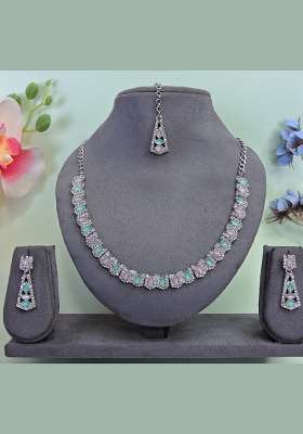 Green Alloy American Diamonds and Stone Necklace Set