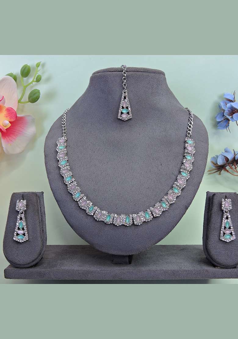 Green Alloy American Diamonds and Stone Necklace Set - Indya