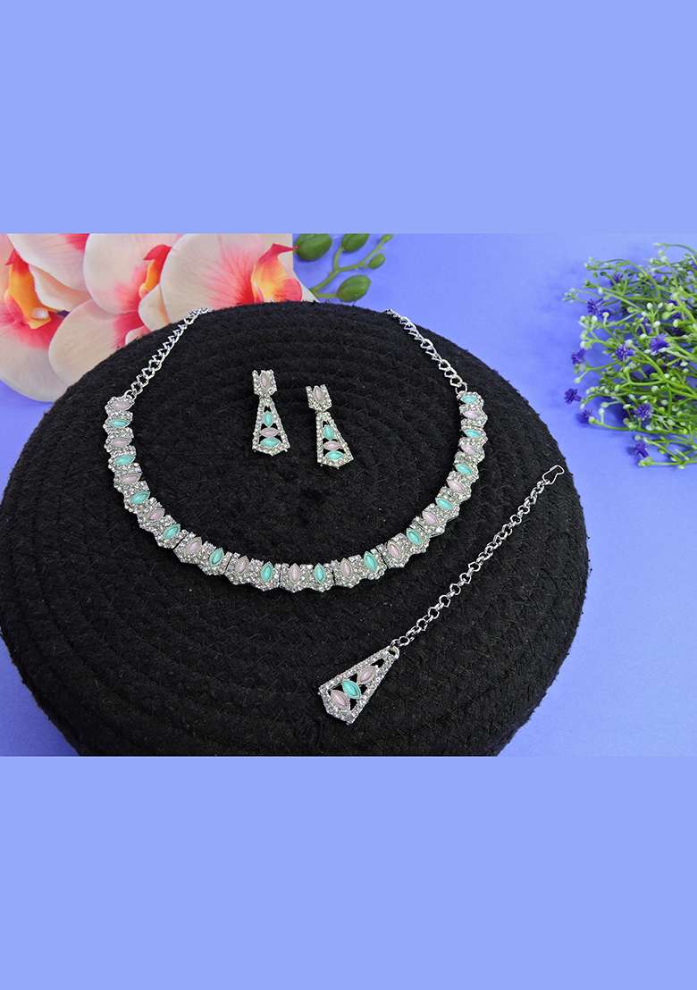 Green Alloy American Diamonds and Stone Necklace Set - Indya