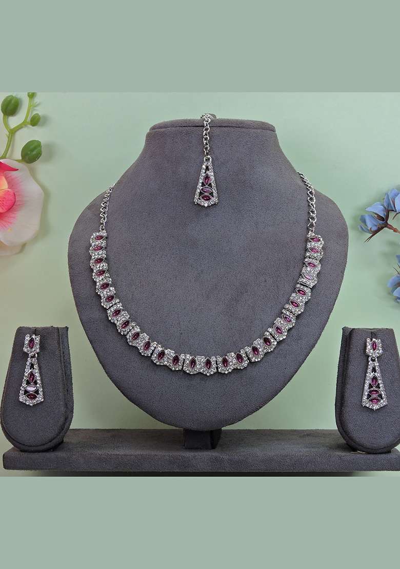 Purple Alloy American Diamonds and Stone Necklace Set - Indya