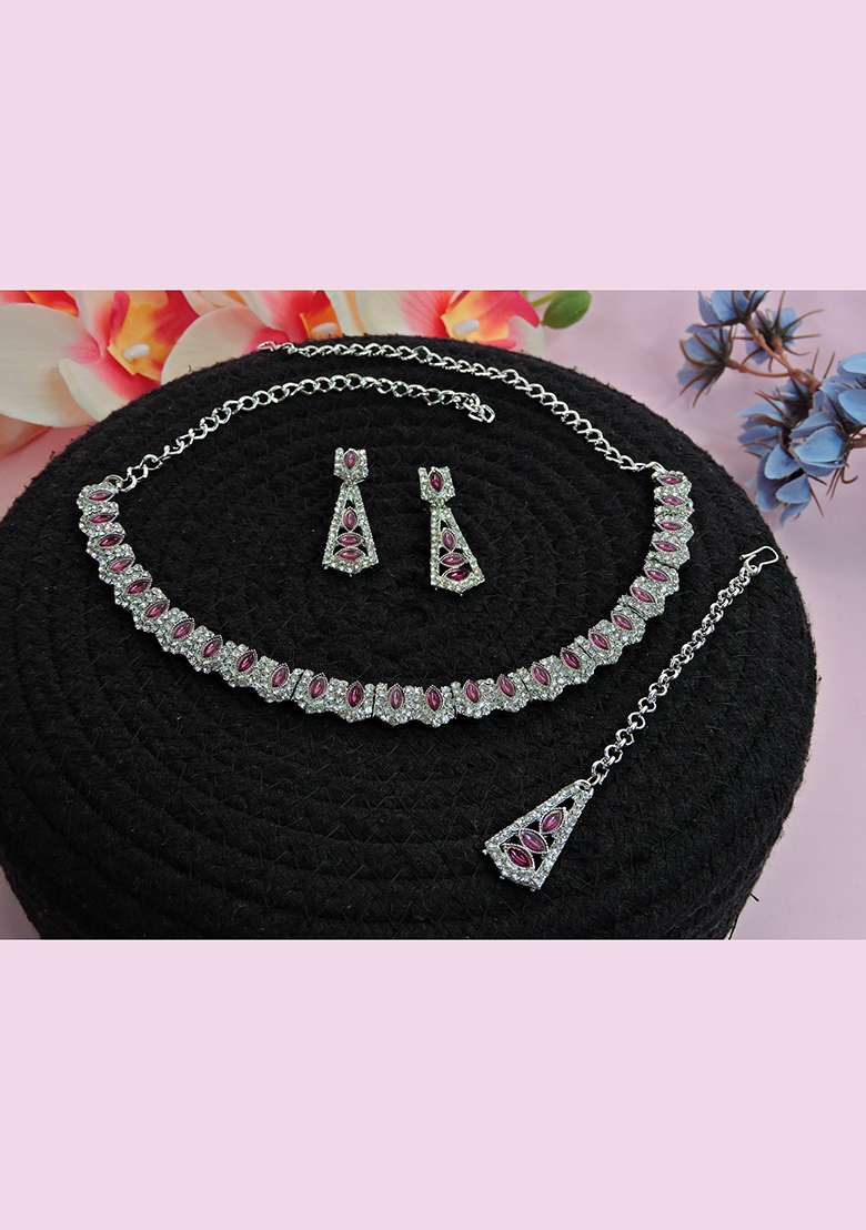 Purple Alloy American Diamonds and Stone Necklace Set - Indya