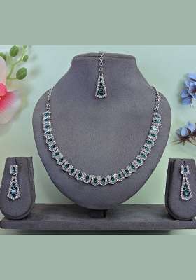 Green Alloy American Diamonds and Stone Necklace Set