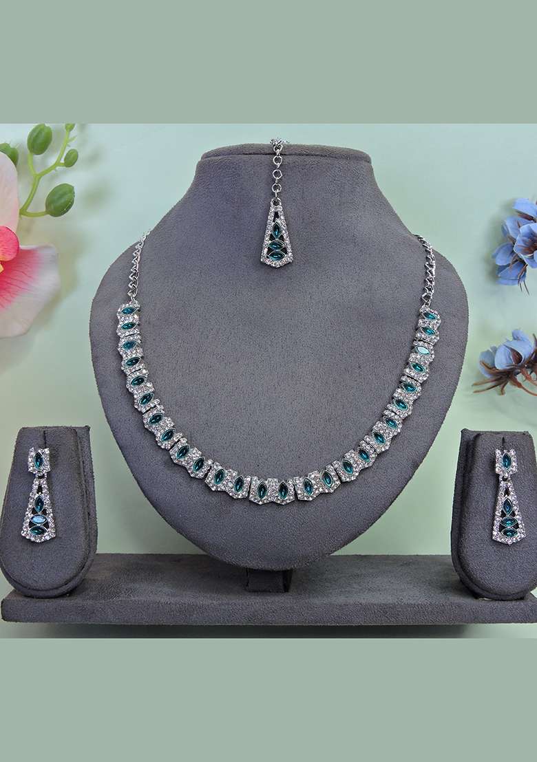 Green Alloy American Diamonds and Stone Necklace Set - Indya