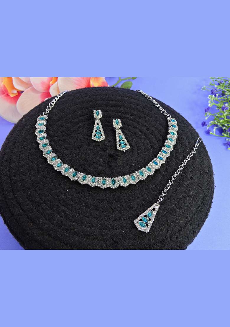 Green Alloy American Diamonds and Stone Necklace Set - Indya