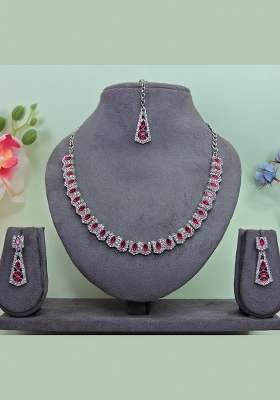 Pink Alloy American Diamonds and Stone Necklace Set