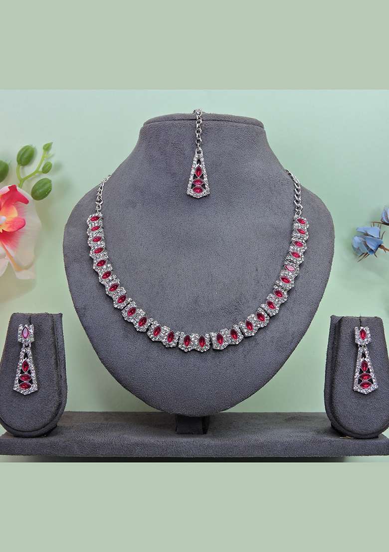 Pink Alloy American Diamonds and Stone Necklace Set - Indya