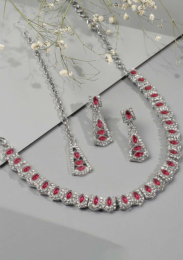 Pink Alloy American Diamonds and Stone Necklace Set - Indya
