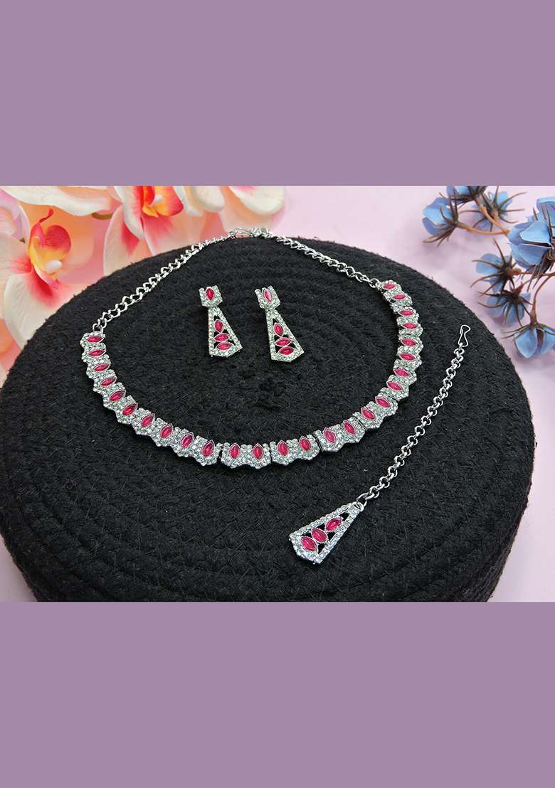 Pink Alloy American Diamonds and Stone Necklace Set - Indya