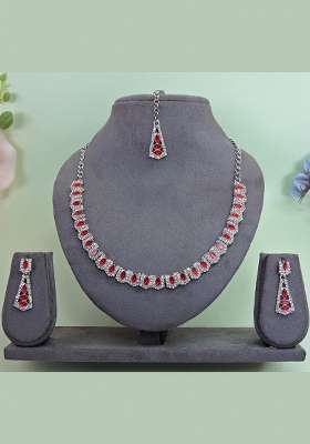Red Alloy American Diamonds and Stone Necklace Set