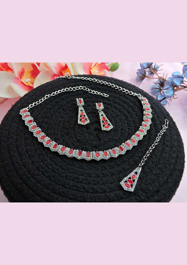 Red Alloy American Diamonds and Stone Necklace Set - Indya