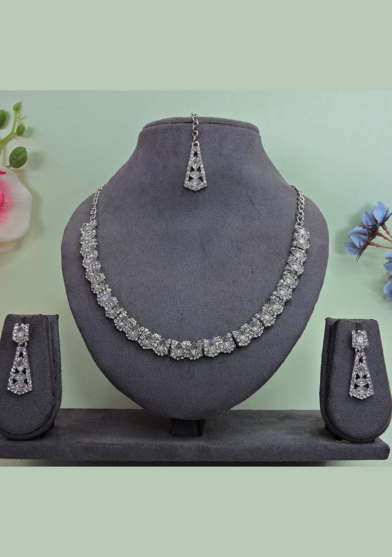 White Alloy American Diamonds and Stone Necklace Set - Indya