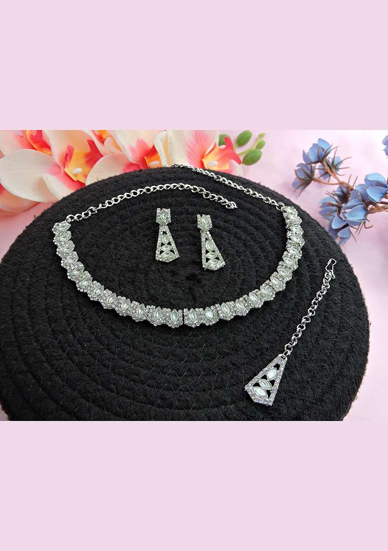 White Alloy American Diamonds and Stone Necklace Set - Indya
