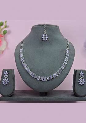 Purple Alloy American Diamonds and Stone Necklace Set