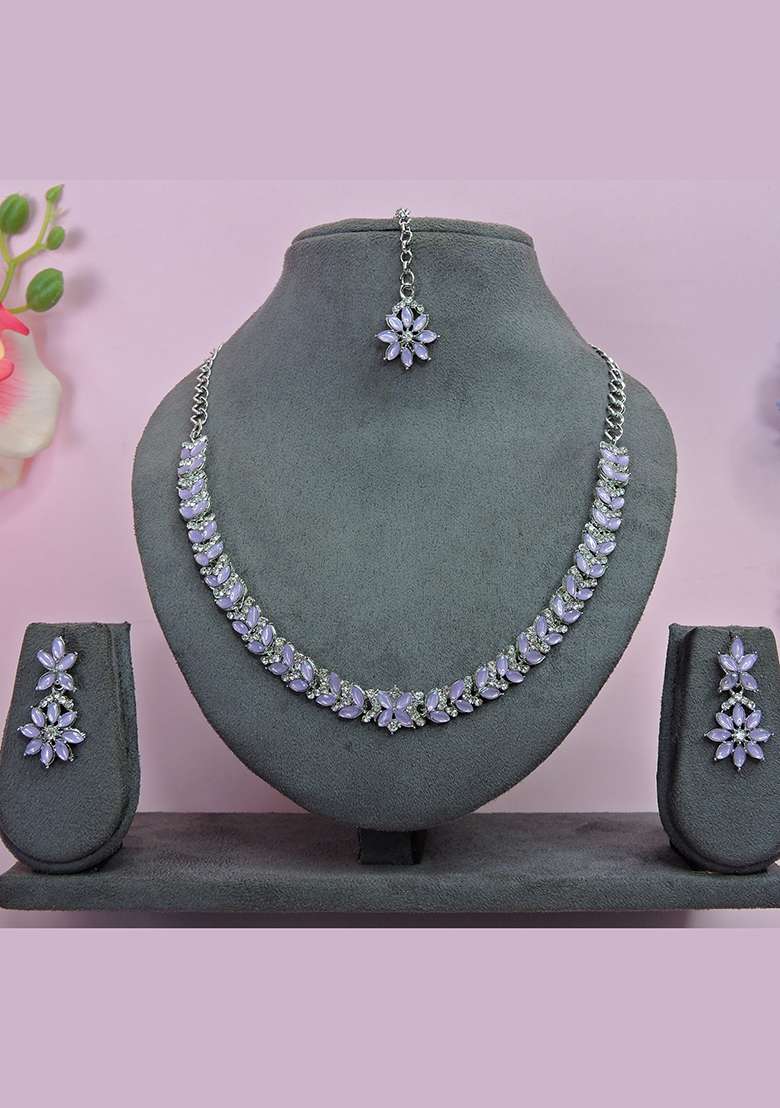 Purple Alloy American Diamonds and Stone Necklace Set - Indya