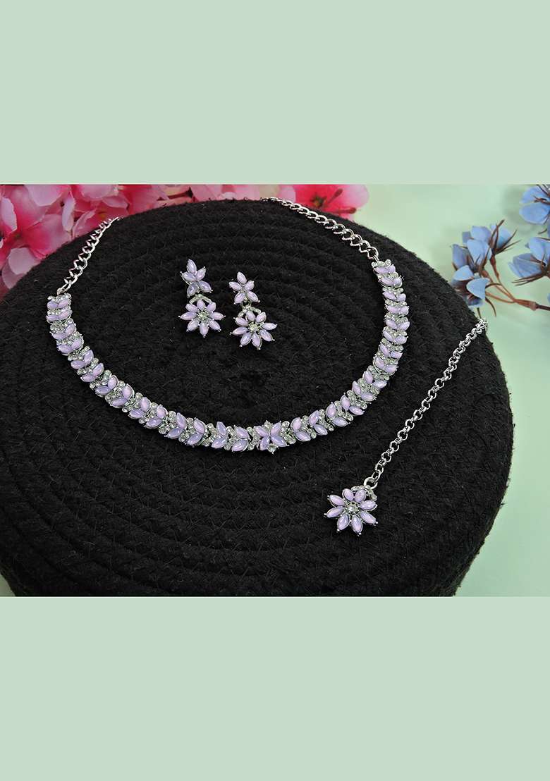 Purple Alloy American Diamonds and Stone Necklace Set - Indya
