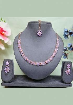 Pink Alloy American Diamonds and Stone Necklace Set