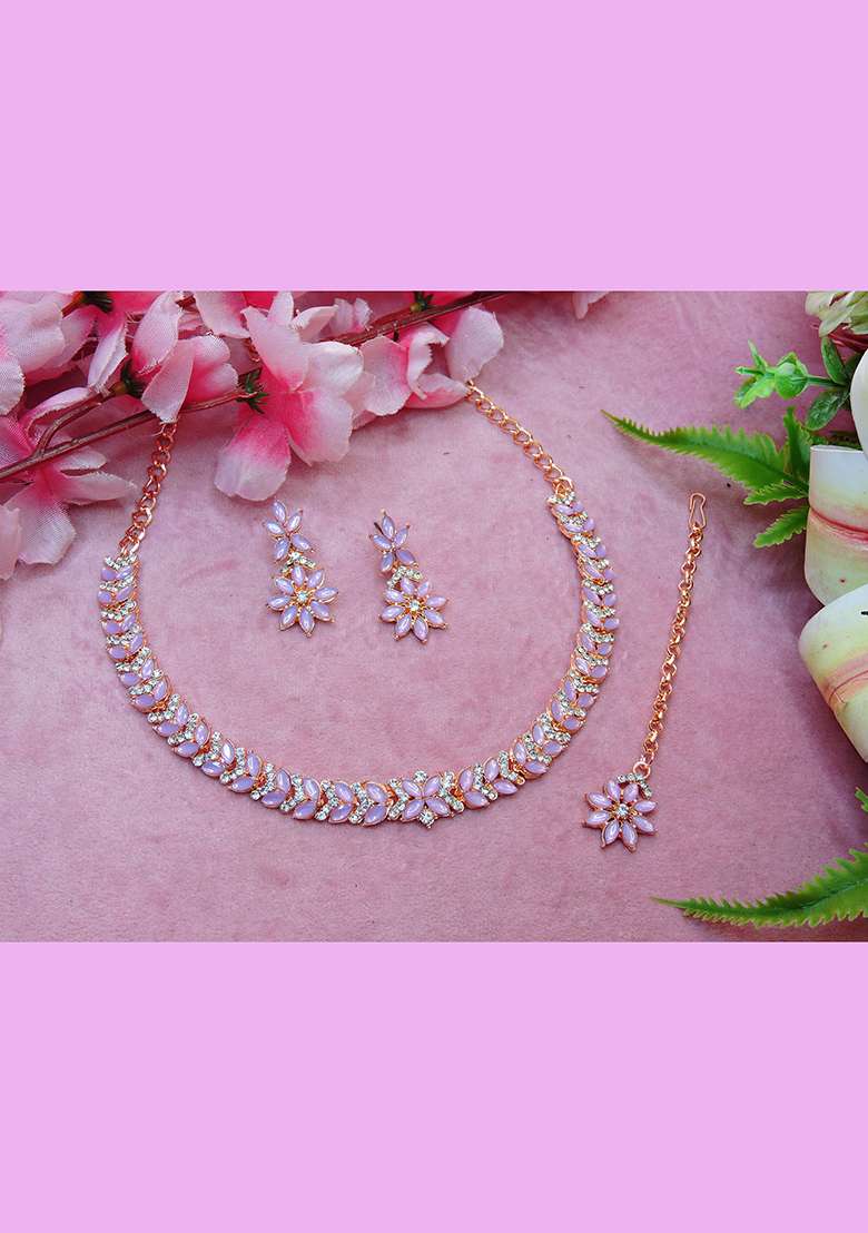 Pink Alloy American Diamonds and Stone Necklace Set - Indya