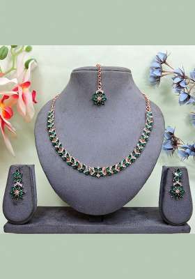 Green Alloy American Diamonds and Stone Necklace Set