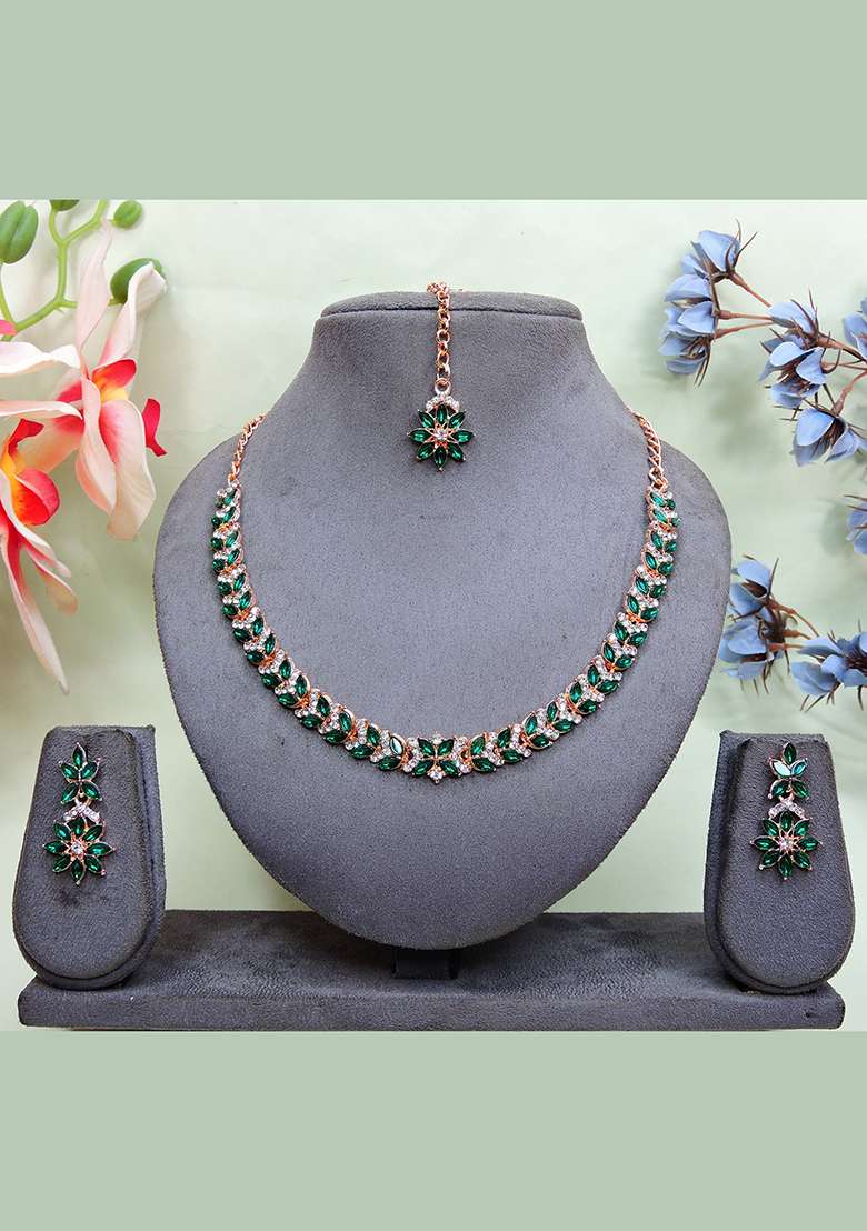 Green Alloy American Diamonds and Stone Necklace Set - Indya