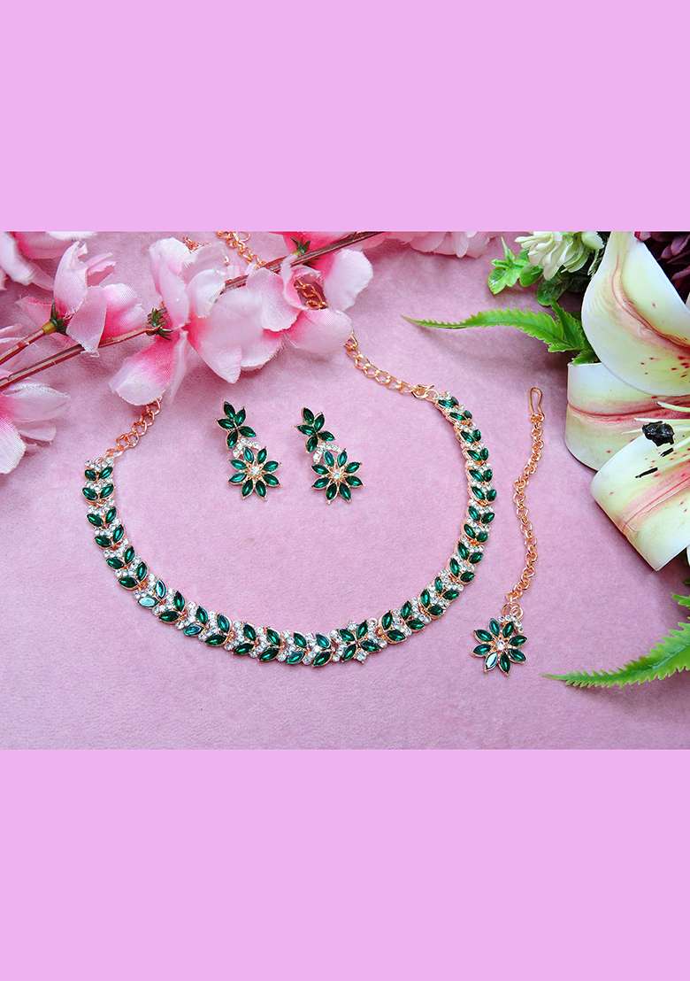 Green Alloy American Diamonds and Stone Necklace Set - Indya