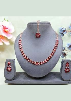 Maroon Alloy American Diamonds and Stone Necklace Set