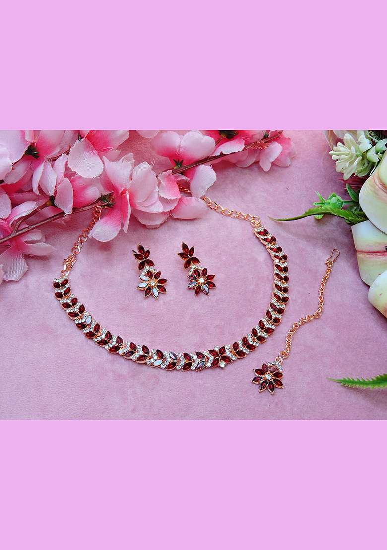 Maroon Alloy American Diamonds and Stone Necklace Set - Indya
