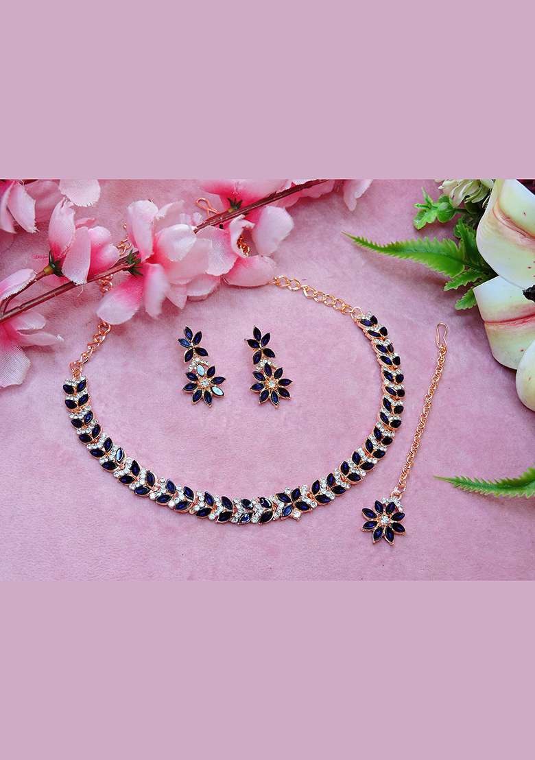 Pink Alloy American Diamonds and Stone Necklace Set - Indya