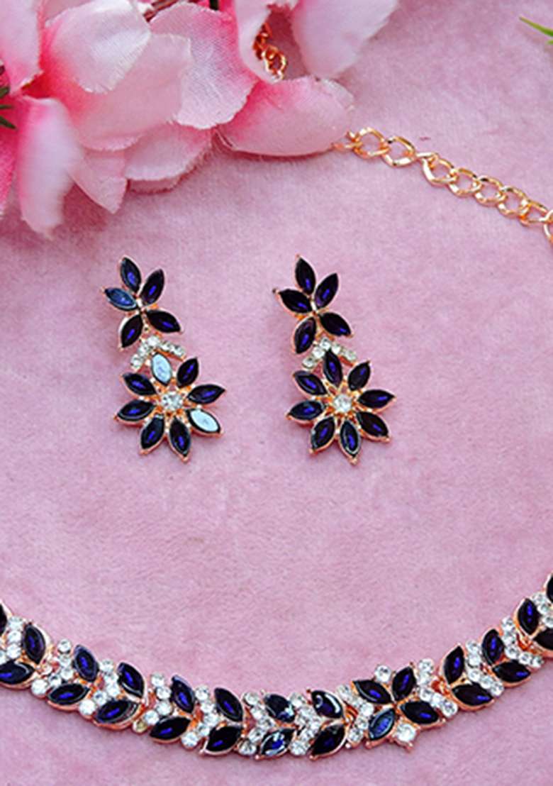 Pink Alloy American Diamonds and Stone Necklace Set - Indya