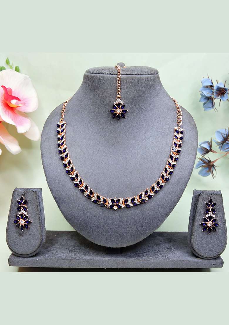 Blue Alloy American Diamonds and Stone Necklace Set - Indya